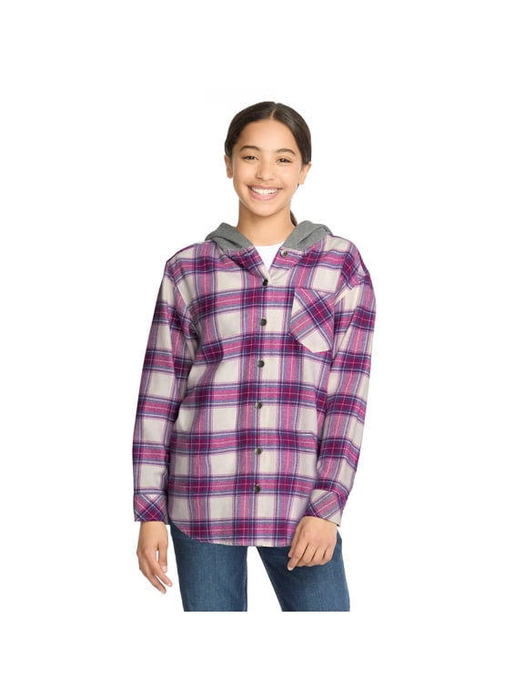 Youth Girls Flannel Plaid Button Down Hoodie (Purple, M, Female)