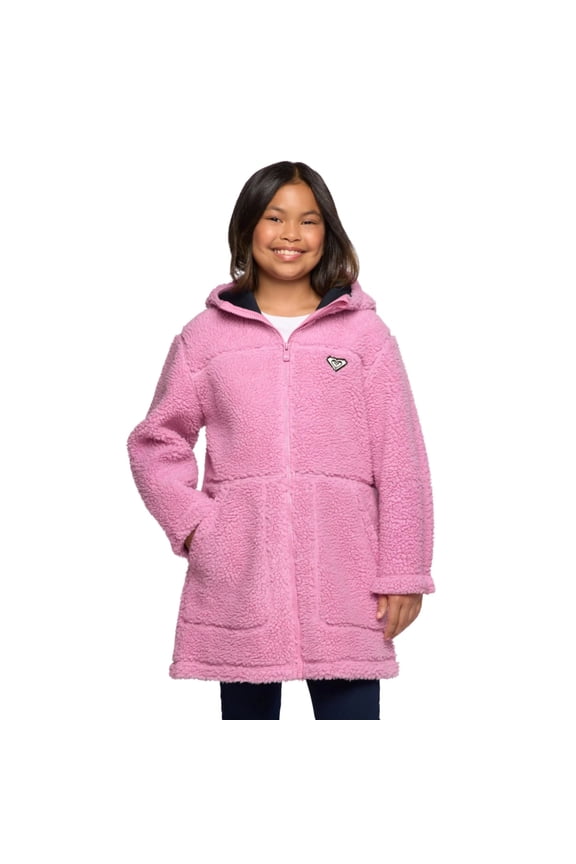 Youth Girls Zip Front Plush Hooded Jacket (Purple, L)