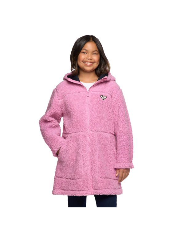 Youth Girls Zip Front Plush Hooded Jacket (Purple, S)