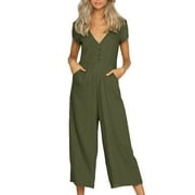 Roy&Chaney Women Cotton Linen Short Sleeve Jumpsuit Casual High Waist Loose fit Wide Leg Solid Color V-neck Romper with Pockets