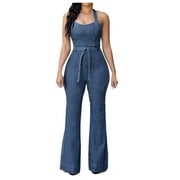 Roy&Chaney Women's Elastic Waist Slim Fit Denim Jumpsuit Casual Hanging Neck Sleeveless Belted Romper Wide Leg Trousers Jumpsuit