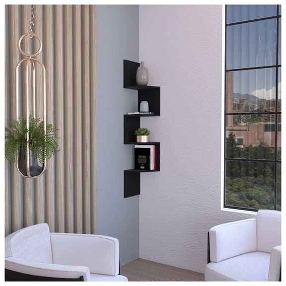 Roy Corner Floating Shelf, Modern 4-Tier Display, Black Black + Particle Board + Pine