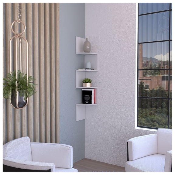Roy Corner Floating Shelf, Modern 4-Tier Display, White White + Particle Board + Pine