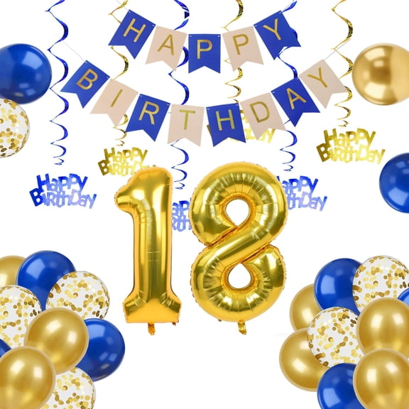 Roya Blue Gold 18th Birthday Party Decorations Number 18 Foil Balloons Happy Birthday Hanging Ceiling Swirls Streamers Latex Balloon Royal Boy 18 Year Old Birthday Party Supplies