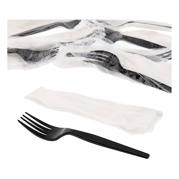Royal 2-in-1 Disposable Silverware Medium Heavy Weight Plastic Utensil Set with Fork and 13x17 inch Napkin - Individually Wrapped Cutlery Meal Kit, Black, Case of 1000