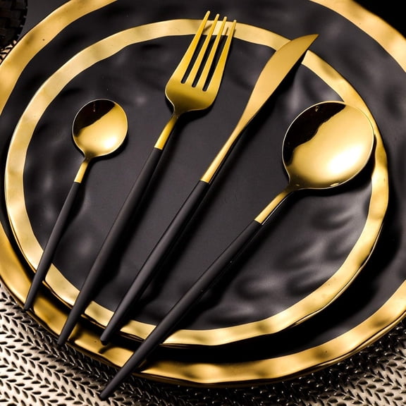 Royal 24-Piece Black Gold Flatware Set, 18/10 Stainless Steel, Matte Black Handles, Service for 6, Ideal for Home, Dinner Parties, Camping & Housewarming Gifts