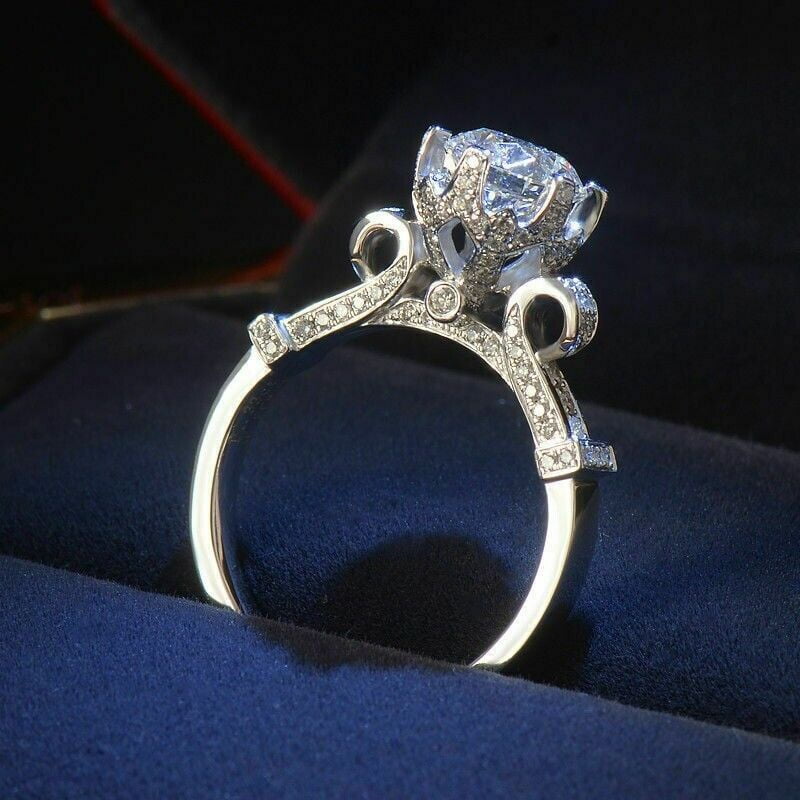 PASO JEWELS Royal 3.00 Ct Round Cut Real Moissanite Engagement Ring In 14k White Gold