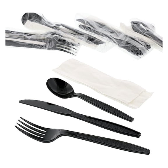 Royal 4-in-1 Disposable Silverware Heavy Weight Plastic Utensil Set with Soup Spoon, Fork, Knife and 13x17 inch Napkin - Individually Wrapped Cutlery Meal Kit, Black, Case of 250