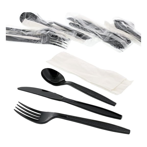Royal 4-in-1 Disposable Silverware Heavy Weight Plastic Utensil Set with Soup Spoon, Fork, Knife and 13x17 inch Napkin - Individually Wrapped Cutlery Meal Kit, Black, Case of 250