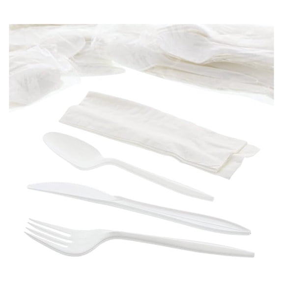 Royal 4-in-1 Disposable Silverware Medium Weight Plastic Utensil Set with Teaspoon, Fork, Knife and 12x13 inch Napkin - Individually Wrapped Cutlery Meal Kit, White, Case of 250