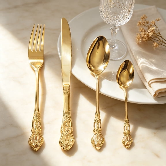 Royal 4-piece Gold Mirror Silverware Dinnerware, 18/10 Stainless Steel Luxury Flatware Tableware Ideal For Wedding Home Restaurant, Dishwasher Safe