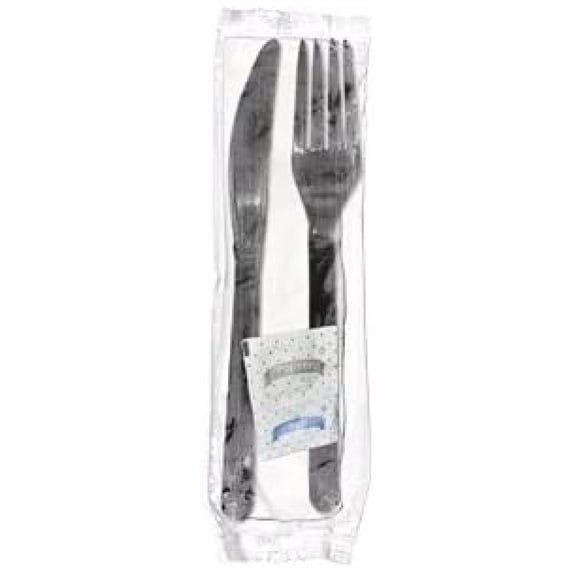 Royal 5-in-1 Disposable Silverware Heavy Duty Plastic Utensil Set with Fork, Knife, Salt & Pepper Packets, 12x13 inch 2-ply Napkin - Individually Wrapped Cutlery Meal Kit, Black, Case of 500