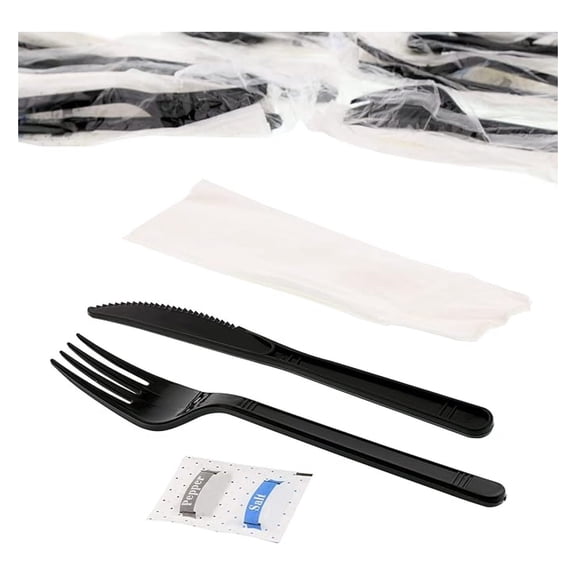 Royal 5-in-1 Disposable Silverware Medium Heavy Weight Plastic Utensil Set with Fork, Knife, Salt & Pepper Packets, 13x17 Napkin - Individually Wrapped Cutlery Meal Kit, Black, Case of 500