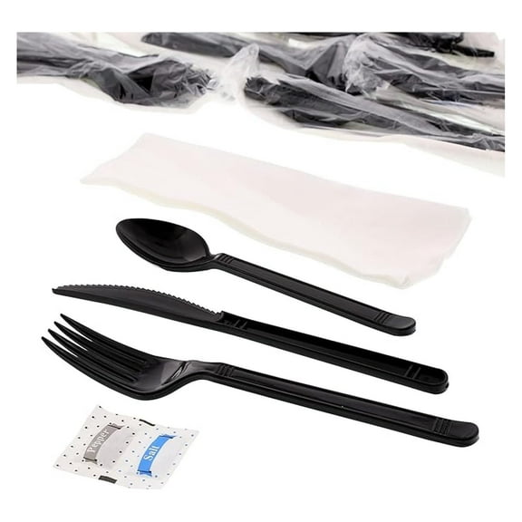 Royal 6-in-1 Disposable Silverware Heavy Weight Plastic Utensil Set with Teaspoon, Fork, Knife, Salt & Pepper Packets, 13x17 Napkin - Individually Wrapped Cutlery Meal Kit, Black, Case of 250