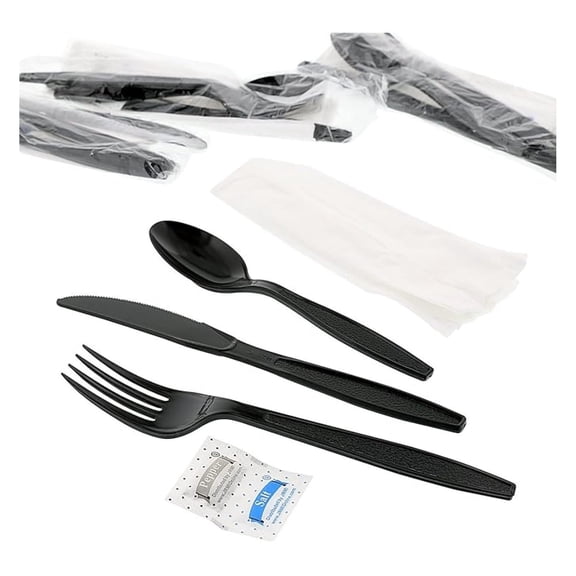 Royal 6-in-1 Disposable Silverware Heavy Weight Plastic Utensil Set with Teaspoon, Fork, Knife, Salt & Pepper Packets, 13x17 Napkin - Individually Wrapped Cutlery Meal Kit, Black, Case of 250