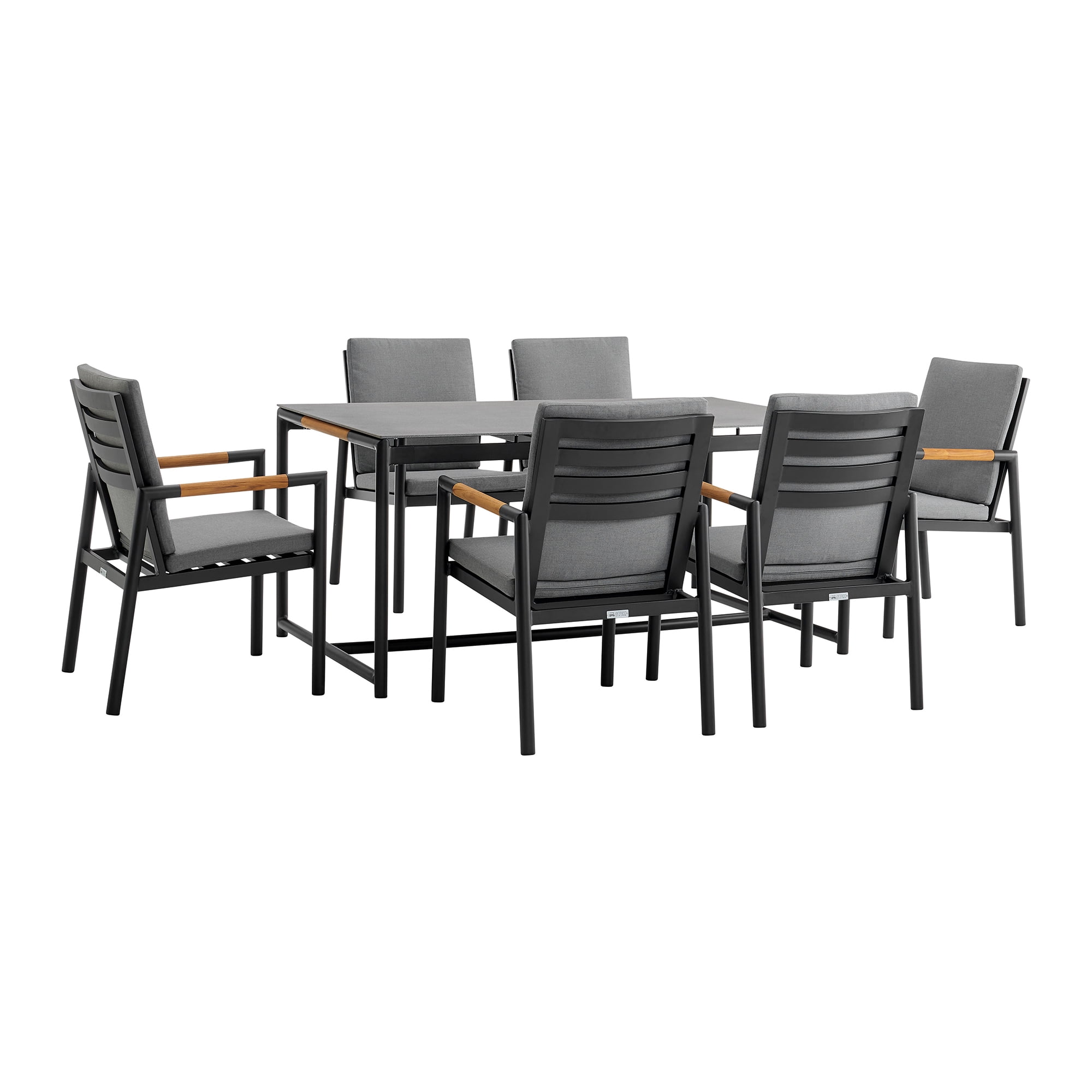 Royal 7-Piece Black Aluminum and Teak Outdoor Dining Set with Dark Gray Cushions
