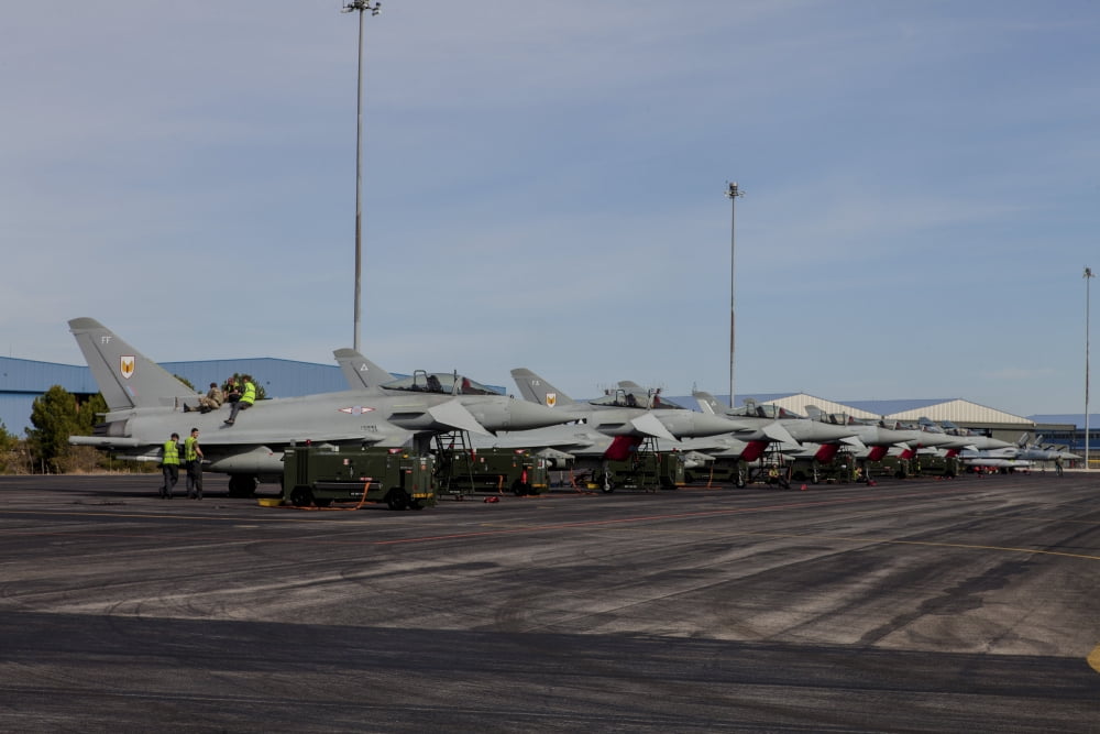 Royal Air Force Typhoon fighter jets on the flight line Canvas Art - Timm ZiegenthalerStocktrek Images (34 x 23)