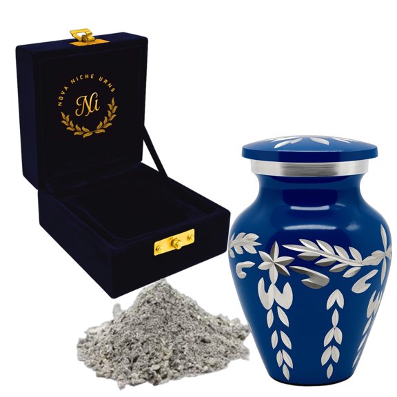 Nova Niche Dark Blue Small Cremation Urn for Human Ashes – Handicrafted Memorial Keepsake with Velvet Box.(3"cu.in)