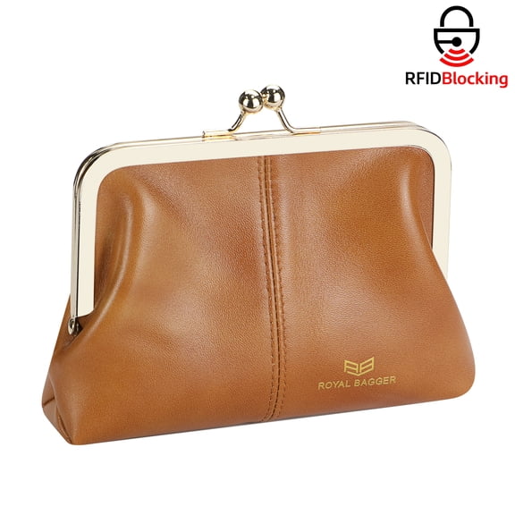 Royal Bagger Fashionable Genuine Leather RFID Blocking Women's Wallet with Kiss Lock, Card Slots and Zipper Coin Pocket 4120
