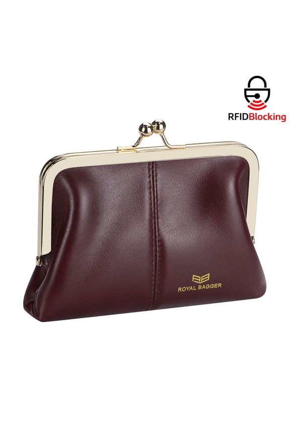 Fashionable Genuine Leather RFID Blocking Women's Wallet with Kiss Lock, Card Slots and Zipper Coin Pocket 4120