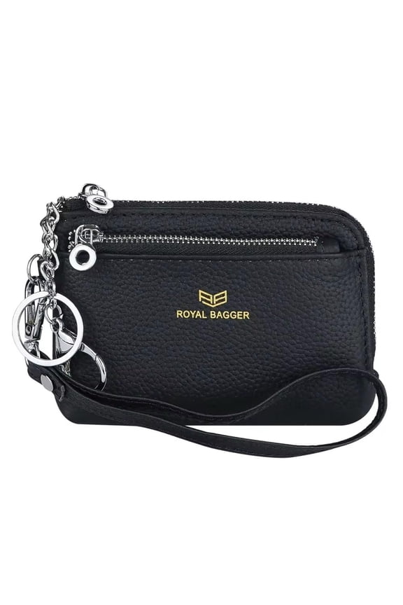 RFID Coin Purse with Keychain, Genuine Leather Multi Zipper Clutch Wallet, Portable Wristlet Card Holder