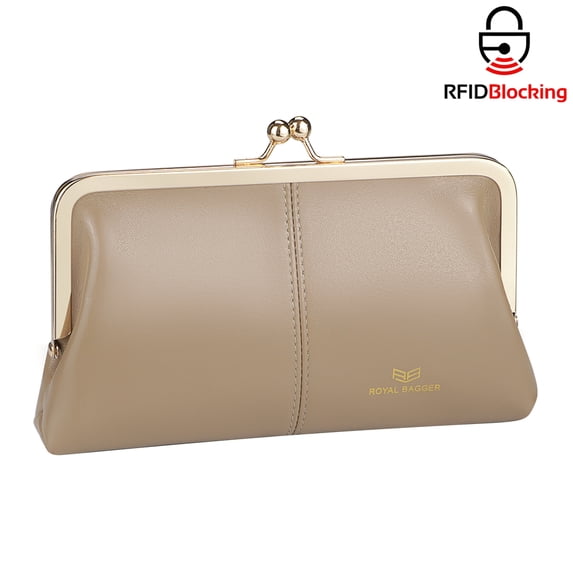 Royal Bagger RFID Genuine Leather Wallet for Women, Kiss Lock Clutch with Multi-Card Slots, Vintage Card Holder Purse 2468