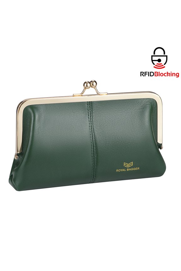 RFID Genuine Leather Wallet for Women, Kiss Lock Clutch with Multi-Card Slots, Vintage Card Holder Purse 2468