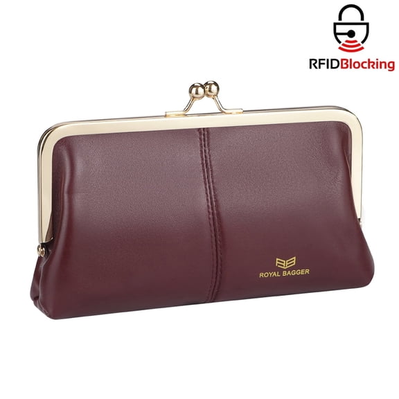 Royal Bagger RFID Genuine Leather Wallet for Women, Kiss Lock Clutch with Multi-Card Slots, Vintage Card Holder Purse 2468