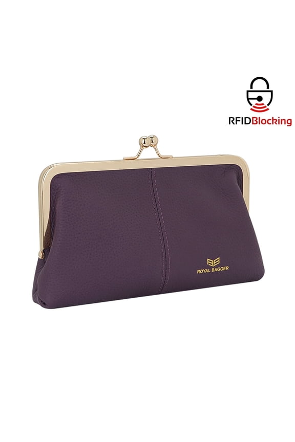 RFID Kiss Lock Wallet, Solid Color Multi-card Slots Card Holder, Genuine Cow Leather Clutch Purses for Women 1468