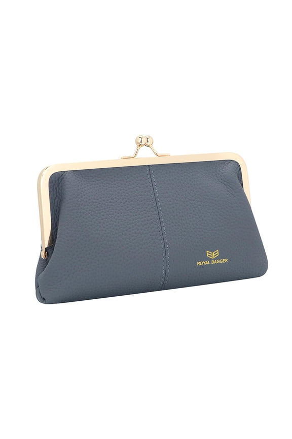 RFID Kiss Lock Wallet, Solid Color Multi-card Slots Card Holder, Genuine Cow Leather Clutch Purses for Women 3468