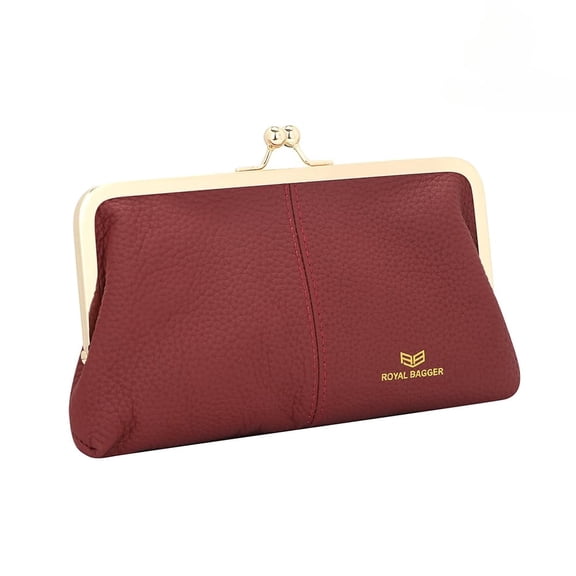 Royal Bagger RFID Kiss Lock Wallet, Solid Color Multi-card Slots Card Holder, Genuine Cow Leather Clutch Purses for Women 1468