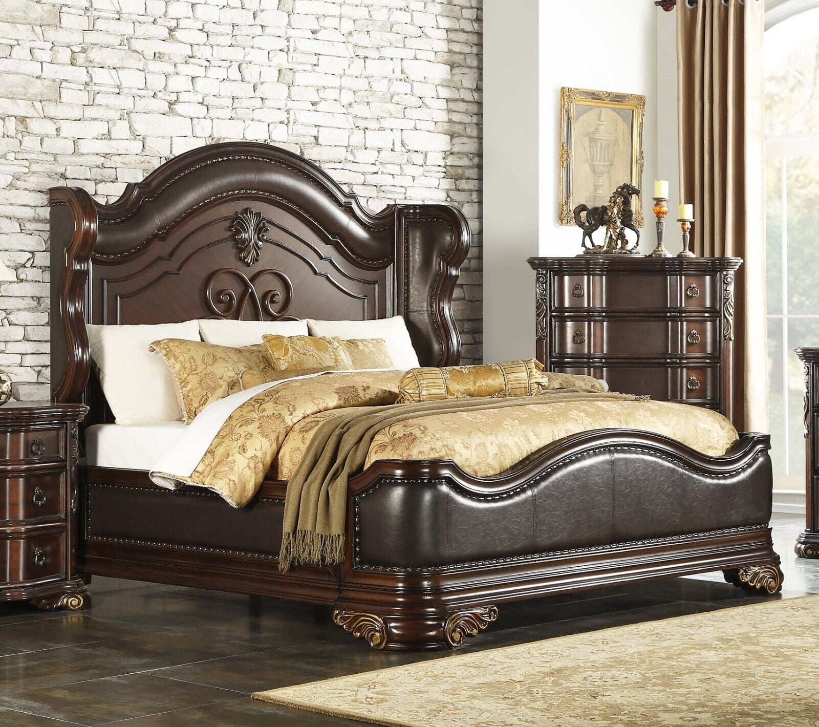 Royal Bed Cherry Finish 1pc Queen Size Bed Faux Leather Upholstered Headboard Footboard Traditional Bedroom Furtniture