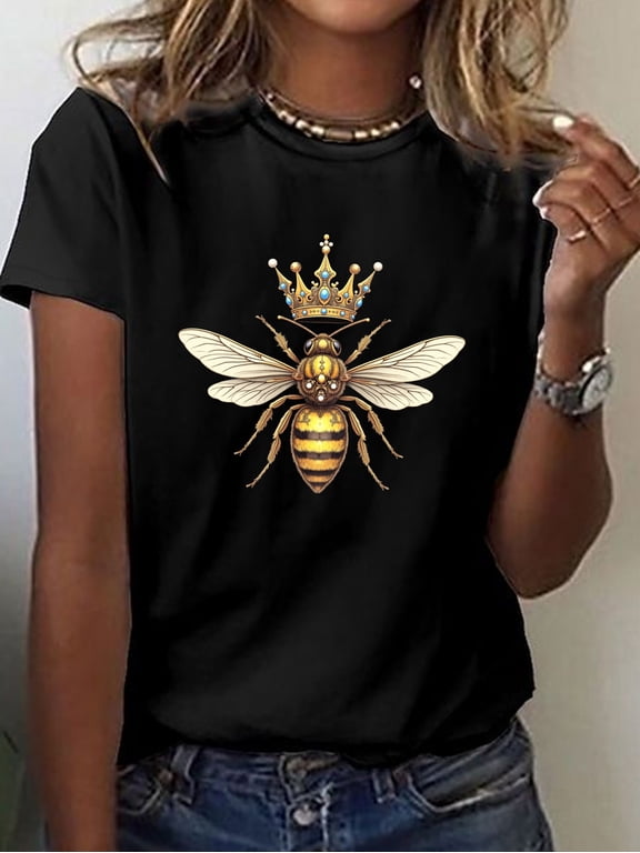 Royal Bee Print Short Sleeve Tee Spring Summer Crew Neck Casual Top