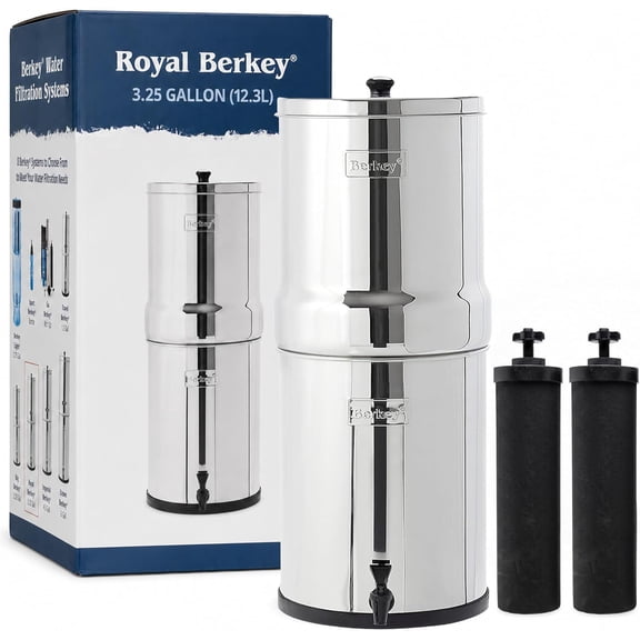 Royal Berkey 3.25-Gallon Stainless Steel Gravity-Fed Water Filter System Easy-to-Assemble with 2 Authentic Black Berkey BB9-2 Filter Elements, Countertop Water Filtration System for Everyday Use