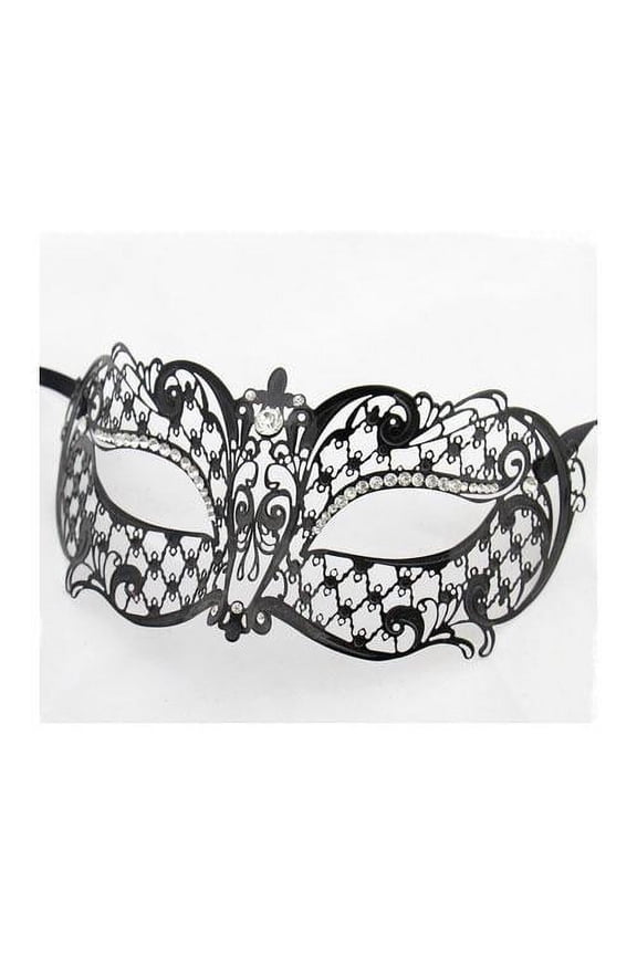 Royal Black Metal Filigree Venetian Mask with Clear Diamonds
