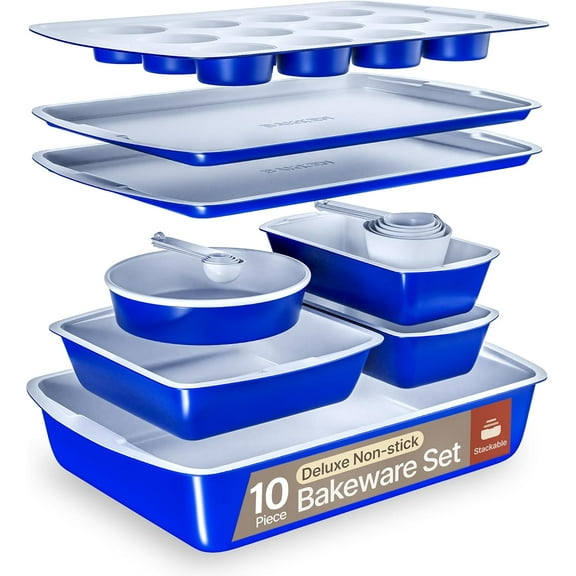 Bakken- Swiss 10-Piece Bakeware Sets, Nonstick Carbon Steel Baking Sheet & Pans, Stackable Space-Saving Bakeware, Stain-resistant, Oven Safe (up to 450°F), Royal Blue