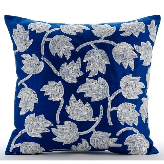 Royal Blue Accent Pillow Covers 16x16 inch (40x40 cm), Silk Designer Pillow Covers, Nature & Floral, Tulip, Sequins Embellished, Art Deco, Modern Couch Throw  - Tulipomania