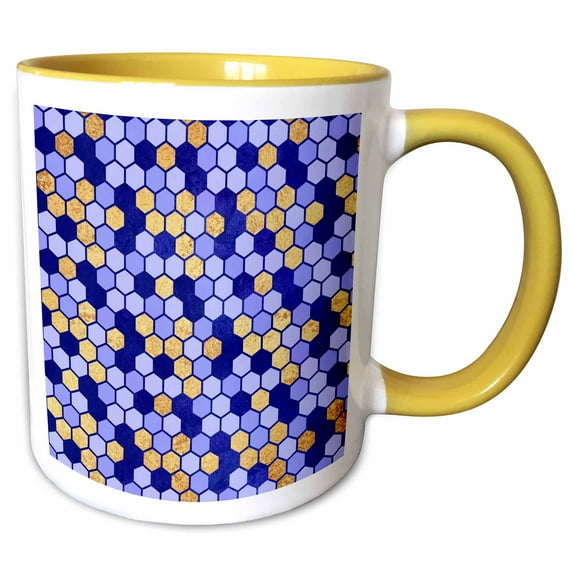 3drose, Royal Blue and Faux Digitally Printed Gold Foil Octagon Pattern, 11oz Two-tone Yellow Mug