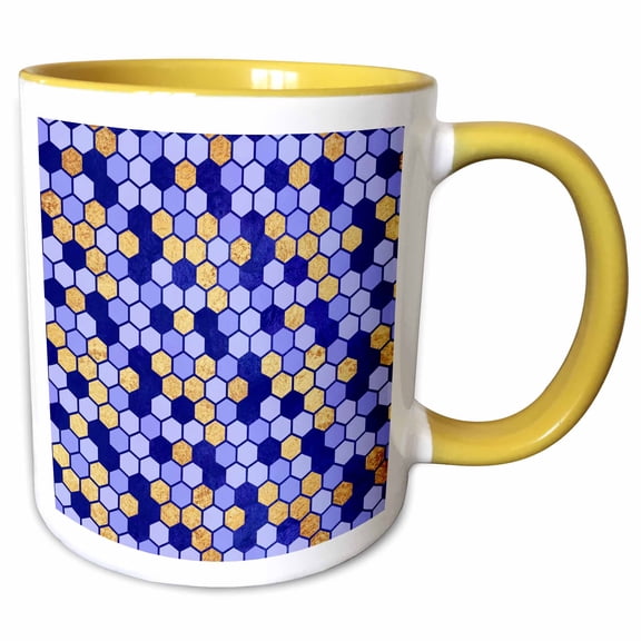 3drose, Royal Blue and Faux Digitally Printed Gold Foil Octagon Pattern, 15oz Two-tone Yellow Mug