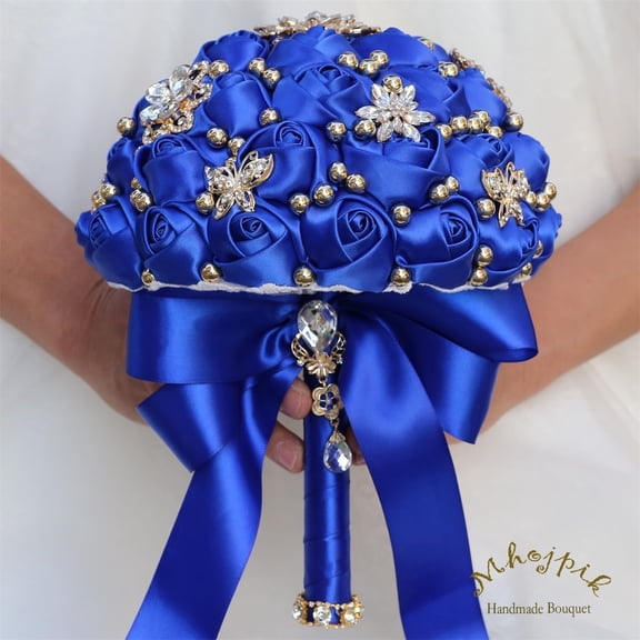 Royal Blue Artificial Bouquet Large 9.4 Inch Wedding Bridal Toss Silk Flower Arrangement with Beads for Bride Bridesmaid Quinceanera