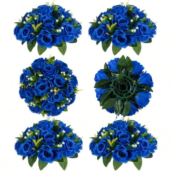 Royal Blue Artificial Flowers: 6 Pcs Fake Roses Flower Ball Centerpieces for Wedding Dinning Table - Faux Silk Kissing Bouquet with Base Floral Arrangement for Home Party Event Decor