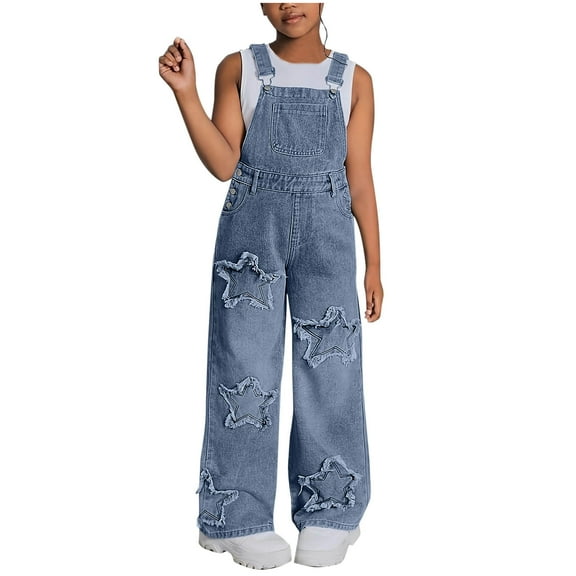 Royal Blue Baby Girl Star Graphic Loose Fit Bib Pants Pants Romper for Girls Denim Brunch Overall Cowboy Flare Wide Leg Plain Long Boot Cut Leg Fall Summer Jumpsuits 2025 12-13 Years