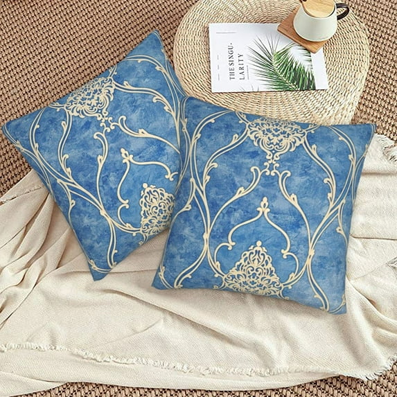 Royal Blue Beige Gold Victorian Throw Pillow Covers 18"X18" Set Of 2 Sofa Rustic Home Decor For Living Room Bedroom Bed Cushion Outdoor