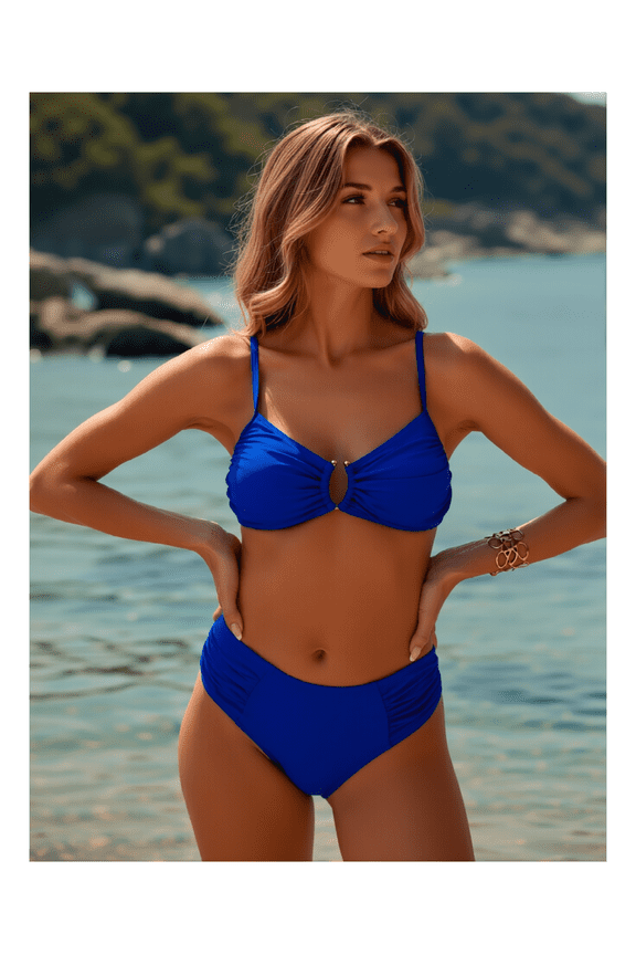 Royal Blue Bikini Set for Women - Cutout Two Piece Swimsuit with Metallic Accents, Stylish Beachwear, Padded Bra, Adjustable Straps, Summer Swimsuits