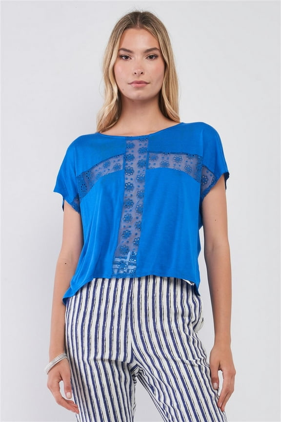 Royal Blue Boat Neck Short Sleeve See-trough Cross Cut-in Detail With Floral Embroidery Top XS