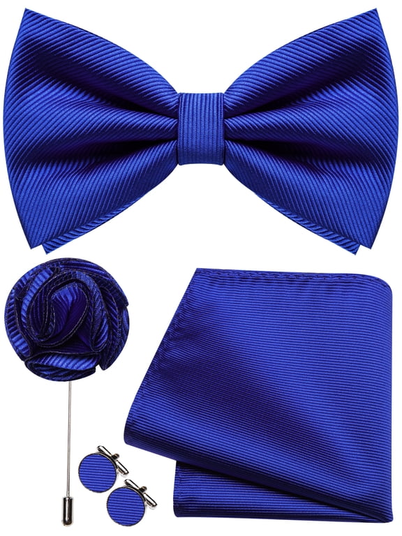 Royal Blue Bow Tie Set Silk Woven Pre-tied Bowtie and Pocket Square with Lapel Pin Wedding Party