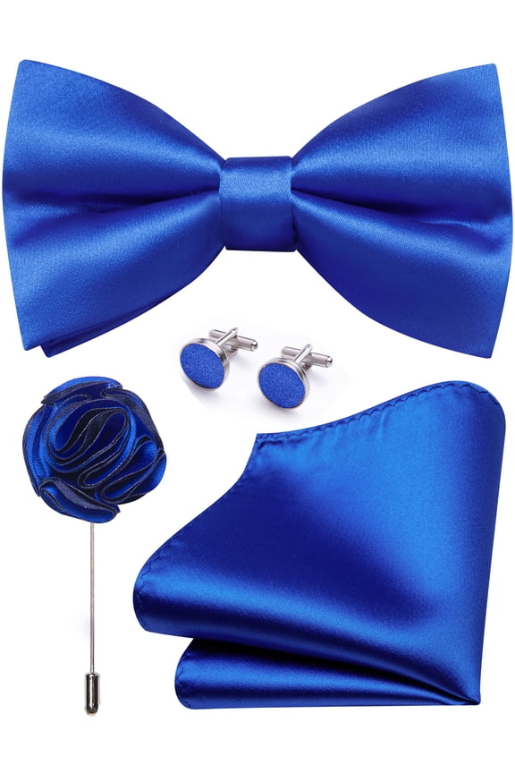 Royal Blue Bow Ties for Men Pre-tied Silk Bowtie and Pocket Square Cufflinks Lapel Pin Set Tuxedo Wedding Party 4PCS