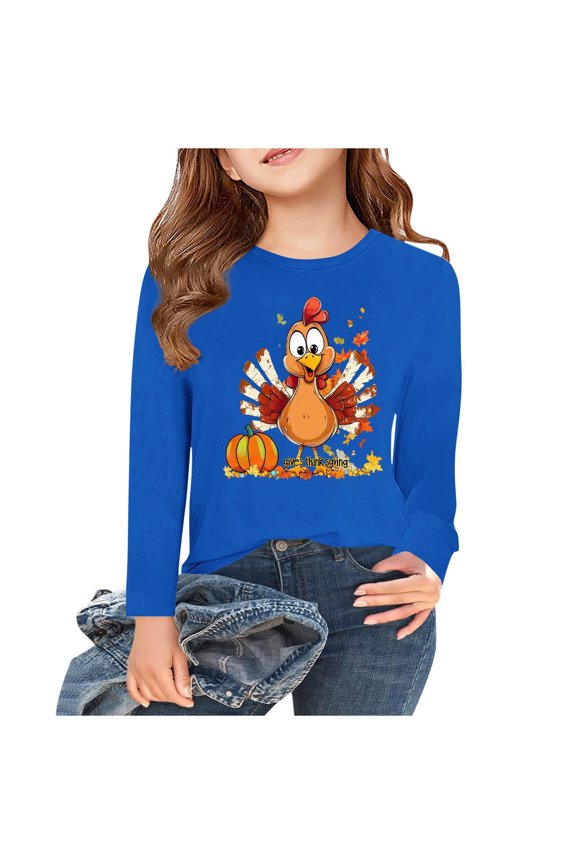 Royal Blue Boy Girl Cute T Shirt Warm Elegant Happy Festival Gift Thanksgiving Brunch T Shirts for Kids Girl Boy Fall Winter Long Sleeve Crew Neck Print Tee Shirt Tops Child 2025 8 Years