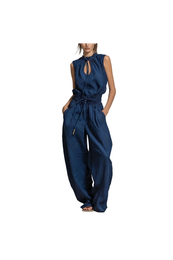 Royal Blue Brunch Zip Up Coveralls for Ladies Fall Summer Sleeveless Crewneck Basic Bib Pants Rompers Juniors 2026 Clothes 3XL