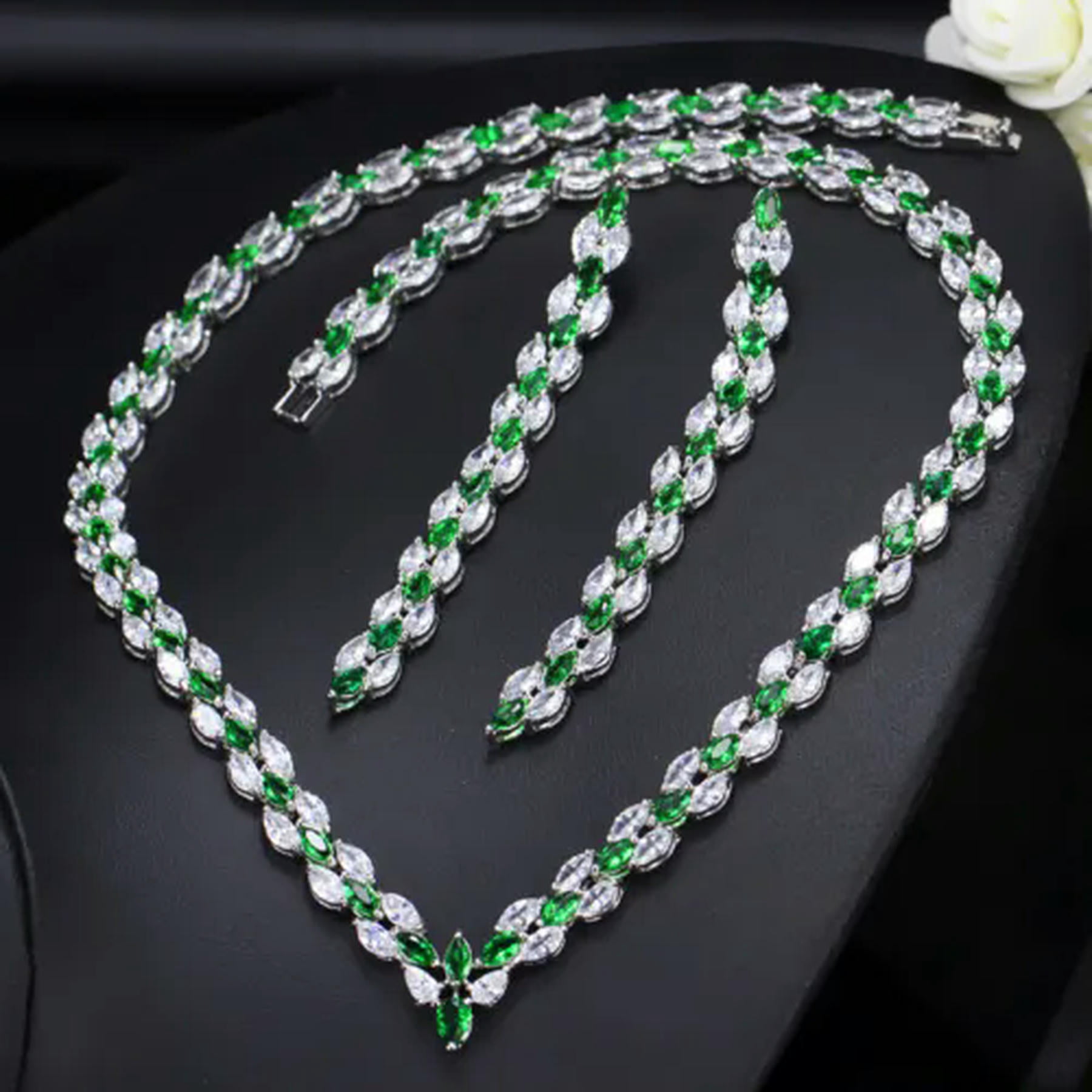 Royal Blue CZ Long Salix Leaf Necklace and Earrings Bridal Pageant ...